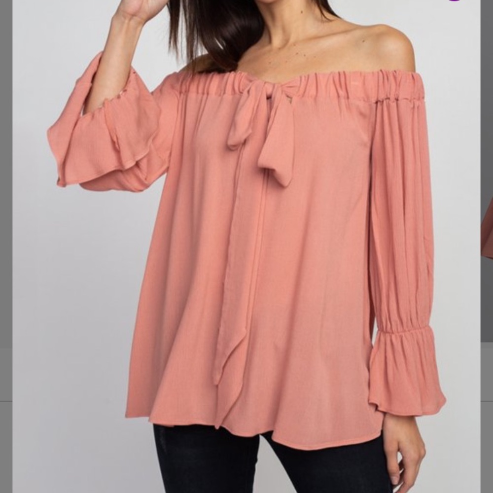 Peach 3/4 Bell-Sleeve Tie-Front Off-Shoulder Tunic, S